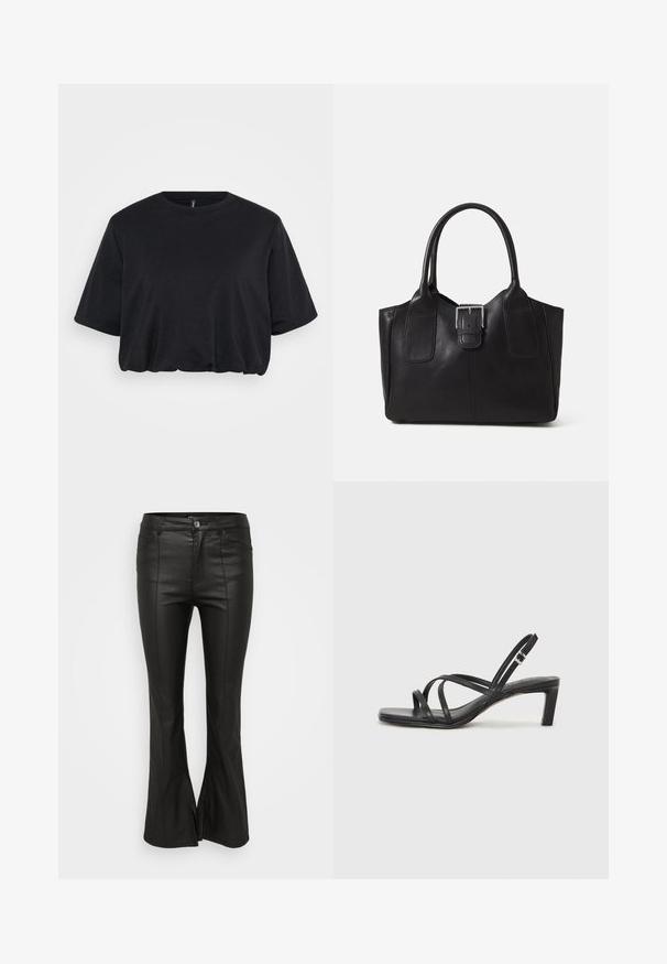 Must must-särk, mis on valmistatud pehmest puuvillast, mõnusalt laia kraega ja lühikeste varrukatega, lõdva lõike ja veidi kogumisega hemmi ääres.; Mustad flared püksid läikiva, nahataolise tekstuuriga, ees taskutega, nööpkinnitusega ja külgsliteedega alläärs.; Mustast rihmajalatsid ruudukujulise varba ja madala ploki kontsaga. Omab mitmeid õhukesi rihmasid ja reguleeritavat pahkluu rihma. Valmistatud siledast nahast.; Mustgamma nahast kott, millel on sile tekstuur, struktureeritud kuju, kaks käepidet ja esiküljel silmapaistev hõbedane pandla detail.