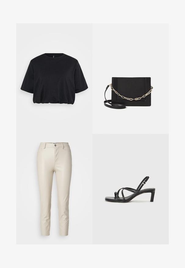 Black cropped t-shirt made of soft cotton, featuring a crew neck and short sleeves with a relaxed fit and slight gathering at the hem.; Beige faux leather pants with a slim fit, front pockets, and a button closure, featuring smooth texture and tapered legs.; Black strappy sandal with a square toe and a low block heel. Features multiple thin straps and an adjustable ankle strap. Made of smooth leather.; Black leather crossbody bag featuring a smooth texture, rectangular shape, and a metallic chain detail on the front. Adjustable strap included.
