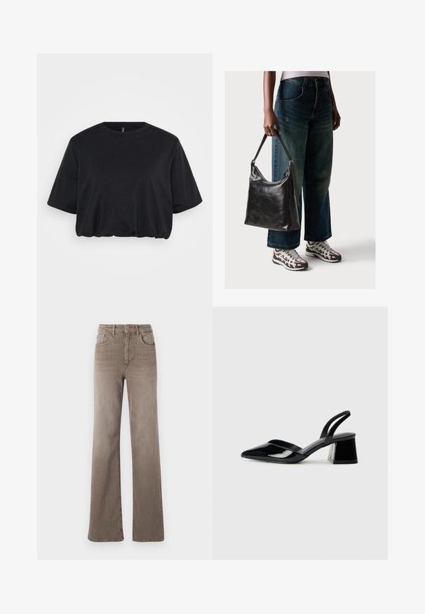 Camiseta negra corta de algodón suave, con cuello redondo y mangas cortas, de corte relajado y con ligero fruncido en el dobladillo.; Jeans de pierna recta de talle alto color marrón con botón frontal, trabillas para el cinturón y diseño clásico de cinco bolsillos sobre un fondo blanco.; Zapatos de tacón slingback de charol negro con punta afilada y tacón geométrico en bloque. Presentan un diseño elegante y minimalista, así como una textura suave.; Bolso de hombro de cuero negro con una textura suave y correa ajustable, combinado con jeans de pierna ancha desgatados y zapatillas deportivas.