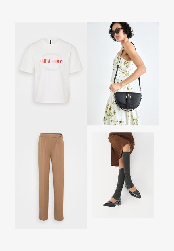 Tricou din bumbac alb, cu mâneci scurte. Prezintă un text grafic pastelat care spune "SANTA MONICA" și "CALIFORNIA '95" în diverse culori.; Pantaloni eleganți maro cu croi drept, având închidere cu un singur nasture și un design cu pliuri în față. Textură netedă, stil minimalist.; Pantofi negri din piele lacuită, cu vârful ascuțit, toc bloc și curea la glezna, asortați cu jambiere gri cu nervuri și o fustă din suede maro.; Geantă din piele neagră, cu o formă curbată, curea detașabilă și accesorii aurii. Geanta are un capac cu un detaliu tip cataramă.
