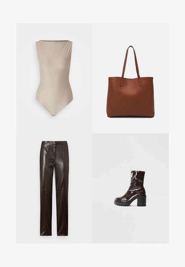 Beige bodysuit with a boat neckline, sleeveless design, and smooth, stretchy fabric. Features a high-cut leg and snap closure at the bottom.; Dark brown straight-leg leather trousers with a smooth finish and subtle seam detailing along the front.; Glossy burgundy ankle boot with a chunky black heel, featuring a smooth texture and simple design. No visible fastenings or patterns.; Brown leather tote bag with a smooth texture, open top design, and two shoulder straps. Features minimal stitching and no visible hardware.