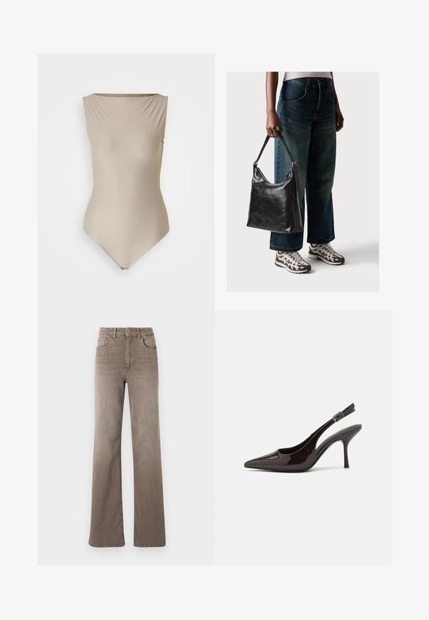Beige bodysuit with a boat neckline, sleeveless design, and smooth, stretchy fabric. Features a high-cut leg and snap closure at the bottom.; Brown high-waist straight-leg jeans with front button, belt loops, and classic five-pocket design on a white background.; Slingback high-heeled shoe in glossy dark brown patent leather, pointed toe, open sides, and adjustable ankle strap.; Black leather shoulder bag with a smooth texture and adjustable strap, paired with faded wide-leg jeans and athletic sneakers.
