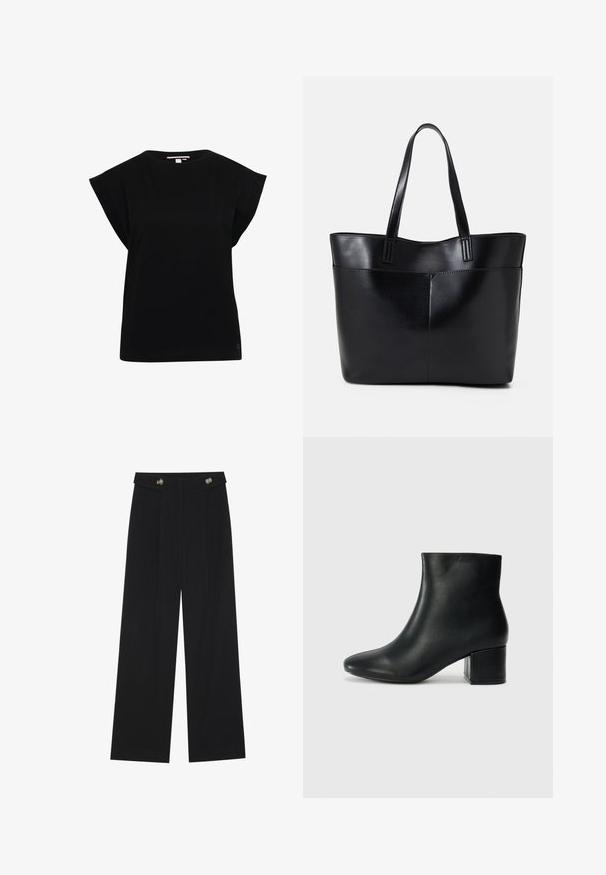 Melnas īsām piedurknēm tops ar apaļu kakla izgriezumu un brīvu piegriezumu. Izgatavots no mīksta auduma ar gludu tekstūru. Minimalistiskais dizains, bez rakstiem vai akcentiem.; Melnas platās bikses ar augstu jostasvietu, pogu detaļām uz jostas un priekšējām krokām.; Melna ādas potīšu zābaki ar smailu purngalu un masīlu papēdi. Gluda tekstūra ar minimāliem akcentiem un gludu, pieguļošu dizainu.; Melnas ādas iepirkumu soma ar divām garām rokturām, gludu tekstūru un strukturētu formu. Iekļauj priekšējo kabatu papildu uzglabāšanai.