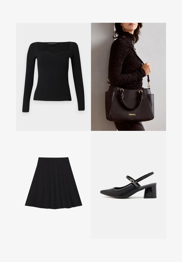 Svart ribbestrikket topp med lange ermer og firkantet utringing, med en lett hjerteform og en tettsittende design.; Svart plisserte skjørt laget av teksturert stoff med en tettsittende linning. Går til knelengde, med en glatt, ren silhuett.; Sorte lakk lær slingback hæler med spiss tå, et avrundet utskjæringsdesign og blokkheel. Har en gulltone spenne som detalj.; Svart håndveske med teksturert overflate, doble topphåndtak og justerbar skulderrem. Har detaljer i gulltone og sidelommer.