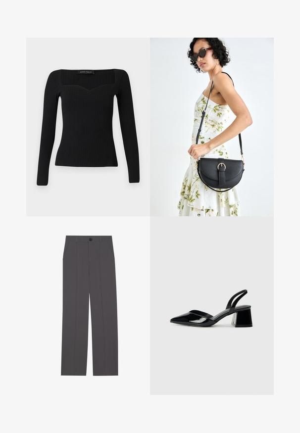 Mustad pikkade varrukatega ribidega topp, millel on ruudukujuline kaelus, kerge südamekujuline lõige ja liibuv disain.; Hallid hallid püksid otse jala lõikega, millel on kaks küljetaskut ja nööbisahtel. Sile kangas ilma nähtavate mustrite või aktsentideta.; Mustad musta lakknahk kingad, millel on terav varvas ja geomeetriline plokkkonts. Omab elegantselt minimalistlikku disaini ja sujuvat tekstuuri.; Mustmust mustraha kõverate joontega, eemaldatava rihmaga ja kuldsete detailidega. Kotil on klapp, millel on pandladetail.