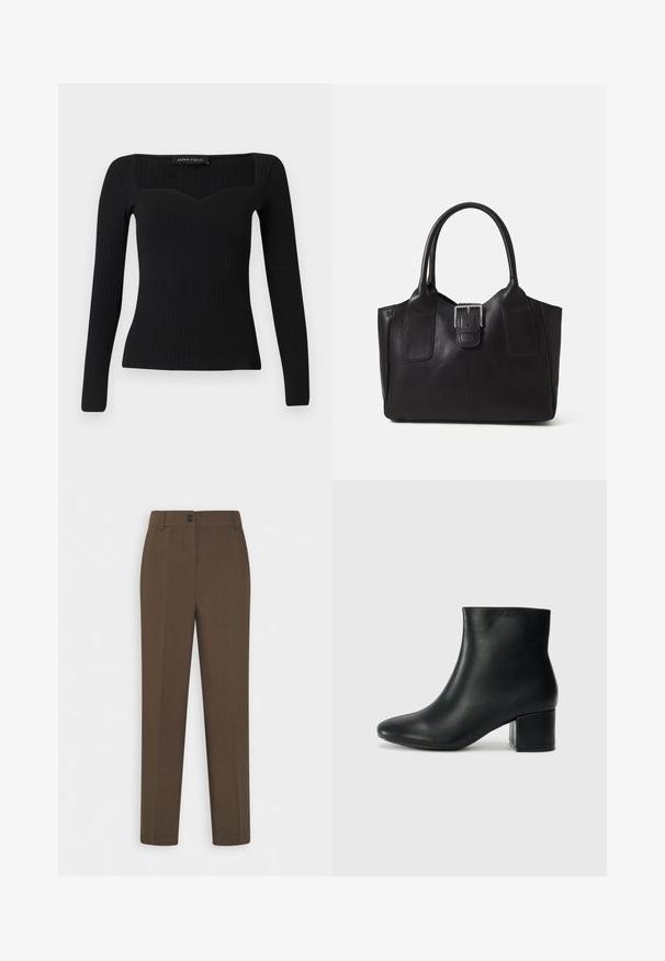 Čierny dlhý rukáv rebrovaný top so štvorcovým výstrihom, ktorý má jemný tvar srdca a priliehavý strih.; Rovné hnedé nohavice s pútkami na opasok a jedným predným gombíkom, vystavené na bielom pozadí.; Čierne kožené členkové čižmy s špicatou špičkou a hrubým podpätkom. Hladká textúra s minimálnymi akcentmi a elegantným, priliehavým dizajnom.; Čierna kožená taška s hladkou textúrou, štruktúrovaným tvarom, dvoma uchami a výrazným strieborným prackovým detailom na prednej strane.