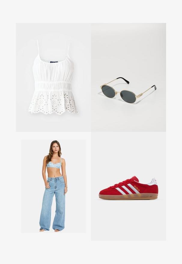Camiseta de algodón blanca con tirantes ajustables, cuerpo fruncido y un dobladillo con forma de concha que presenta bordados en forma de flores.; Camisa blanca de manga larga y botones, hecha de algodón, con un cuello clásico, un logotipo sutil en el pecho y botones amarillos.; Bralette de estampado floral en azul claro combinado con jeans de mezclilla en azul claro de pierna ancha. Ajuste cómodo con una silueta relajada y cierre clásico de botón.; Zapatillas de ante rojo con diseño de tres rayas blancas y texto dorado "Gazelle". Cuenta con una suela de goma y un talón texturizado.; Gafas de sol de metal dorado con lentes ovalados y oscuros. Puntas de acetato negro en las patillas. Nombre de la marca "QUAY" en el lateral.