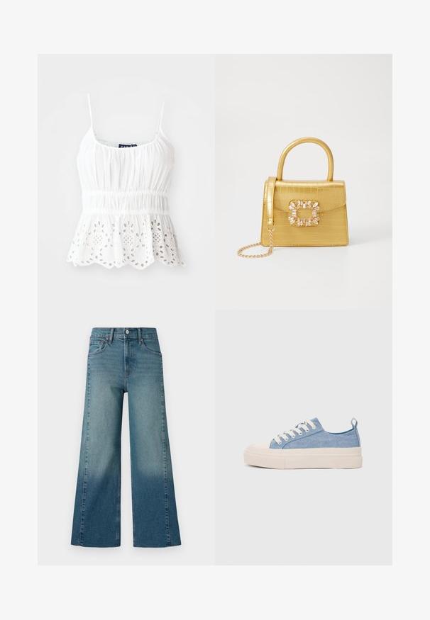 Biela bavlnená tielko s nastaviteľnými ramienkami, zberaným telom a vlnitým lemom s vyšívanými kvetinovými výrezmi.; Džínsy s širokými nohavicami v stredne modrej farbe, s gradientným efektom od tmavej po svetlú. Vyrobené z denimu s tradičným dizajnom piatich vreciek.; Svetlomodré plátené tenisky s krémovou gumovou špičkou a podrážkou, obsahujúce biele šnúrky a pútko na päte.; Žltá falošná krokodília kabelka so štruktúrovaným dizajnom, horným držadlom, odnímateľným reťazovým popruhom a dekoratívnym kryštálovým ozdobením na zapínaní.