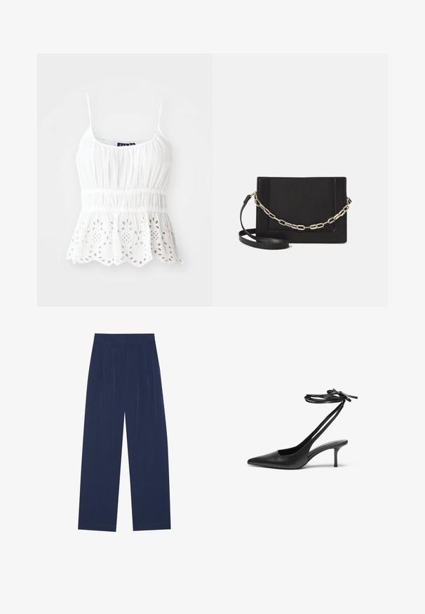 White cotton camisole with adjustable straps, smocked bodice, and a scalloped hem featuring embroidered floral cut-outs.; Navy blue wide-leg pants made of soft fabric, featuring front pleats, a smooth texture, and a straight fit with no visible pockets.; Black leather stiletto shoe with a pointed toe, open back, and ankle straps tied in a bow. Slim 3-inch heel. Smooth texture, minimalist design.; Black leather crossbody bag featuring a smooth texture, rectangular shape, and a metallic chain detail on the front. Adjustable strap included.