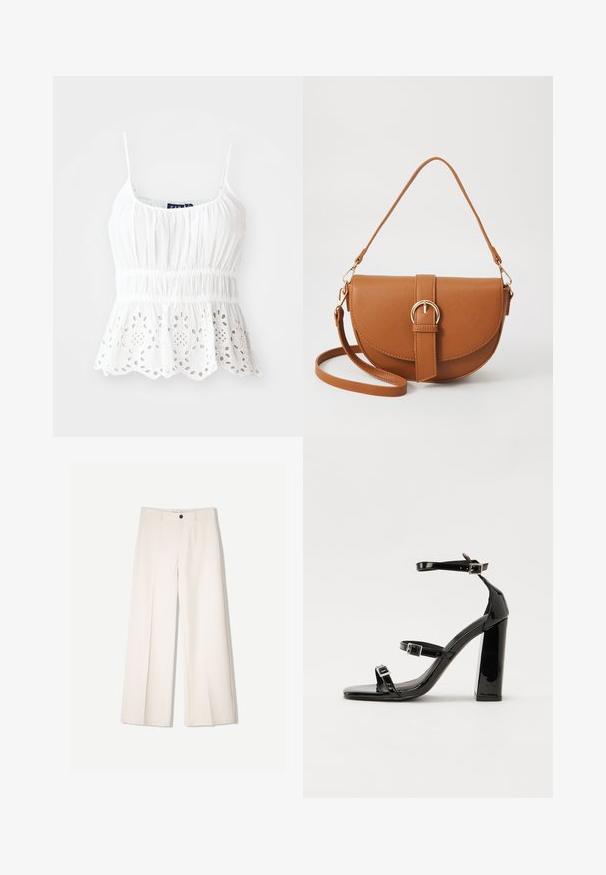 Vit bomullscamisole med justerbara spännen, rynkad midja och en skulpterad nederkant med broderade blommönster.; Krämfärgade byxor med vida ben och skräddarsydd design, med två framfickor och en enda knappstängning fram, tillverkade av ett smidigt tyg.; Svarta lackerade högklackade sandaler med två spännband, fyrkantig tå och en tjock klack, med en slät och glansig yta.; Brun läder crossbody-väska med en böjd form, gyllene detaljer och en spänneaccent. Har en avtagbar axelrem.