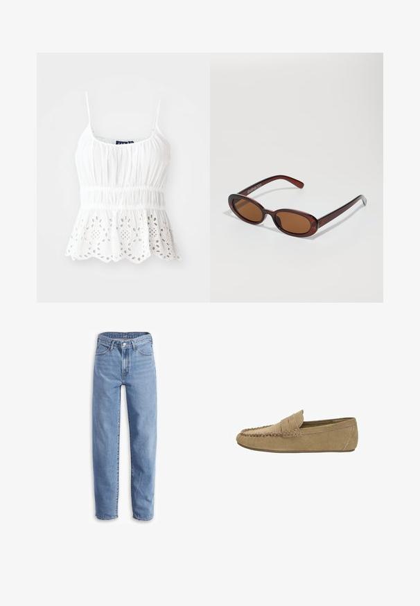 Bijela pamučna majica bez rukava s podesivim naramenicama, nabranim tijelom i valovitim rubom s izvezenim cvjetnim izrezima.; Svijetloplave traperice, opuštenog kroja, ravne nogavice, s pet džepova i izbrisanima na rubovima za ležeran izgled.; Svijetlosmeđi sued muški loafer s šavnim mokasin vrhom i penny trakama, ravni gumeni potplat, bočni profil na bijeloj pozadini.; Okvir okruglih, smeđkastih sunčanih naočala s sjajnim burgundskim okvirom. Uski nositelji s suptilnim brendiranjem. Ravna leća.