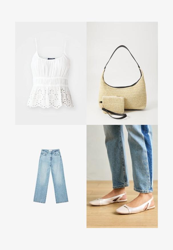 Bijela pamučna majica bez rukava s podesivim naramenicama, nabranim tijelom i valovitim rubom s izvezenim cvjetnim izrezima.; Svijetloplave široke traperice s visokim strukom, s izbljeđenim pranjem i malim, raštrkanim oštećenjima na cijeloj površini.; Svijetlo ružičaste slingback balerinke s šiljastim vrhom, izrađene od glatkog materijala nalik koži. Sadrže izrezane detalje sa strane i ravnu petu.; Tkana torba od slame s zakrivljenom siluetom, koja sadrži glatku crnu kožnu naramenicu i odgovarajući mali neseser koji je pričvršćen narukvicom.