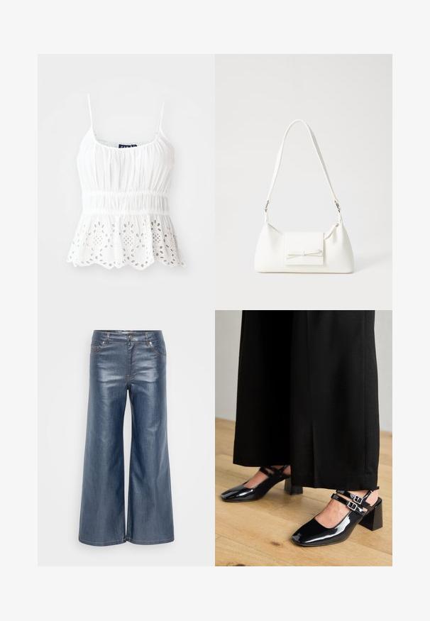 Camisolă albă din bumbac cu bretele reglabile, bustul plisat și un tiv zimțat ce prezintă broderii cu decupaje florale.; Pantaloni din denim cu picioare largi, de culoare albastru închis, având o textură fină, design cu cinci buzunare și cusături contrastante. Închidere frontală cu buton și fermoar.; Pantofi slingback din piele patent neagră, cu vârfuri pătrate, având două curele ajustabile la gleznă și toc bloc. Finisaj neted și strălucitor.; Geantă sintetică albă, cu formă triangulară, capac frontal plat și detaliu cu fundă, curea ajustabilă, textură netedă și design minimalist.