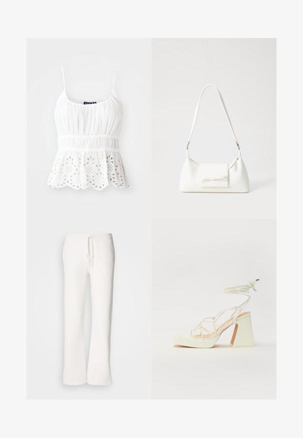Biela bavlnená tielko s nastaviteľnými ramienkami, zberaným telom a vlnitým lemom s vyšívanými kvetinovými výrezmi.; Biele, voľné tepláky vyrobené z mäkkej tkaniny, s elastickým pásom na šnurovanie a rovnými nohavicami.; Biele sandále na vysokom opätku s hrubým podpätkom, s pruhovaným dizajnom a viazaním na členku. Hladký povrch s platformou vpredu pre zvýšenú výšku.; Biela syntetická kabelka s trojuholníkovým tvarom, plochým predným klapkou a detailom mašle, nastaviteľným popruhom, hladkou textúrou a minimalistickým dizajnom.