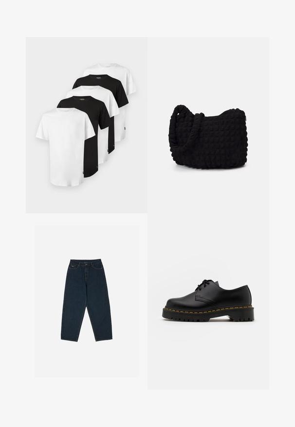 Sett med fem T-skjorter: tre hvite og to svarte. Klassisk crew-neck design, korte ermer, bomullstoff, jevn tekstur, standard passform.; Mørkeblå høytlivs jeans med avslappet passform, med fem lommer og knappelukking. Laget av denim med en glatt tekstur.; Svart lær snøresko med rund tå, teksturert gummisåle og gul søm rundt bunnen. Flat design og glatt overflate.; Svarte tekstilveske med en strukturert, quiltet mønster. Rund form, korte, tykke håndtak og en myk, fleksibel struktur.
