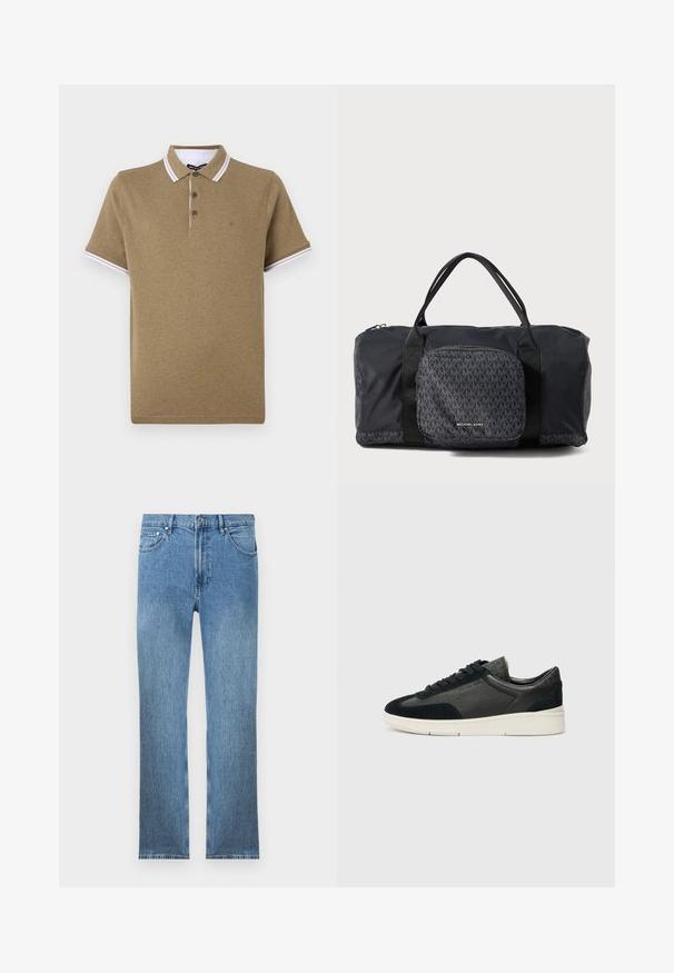 Brun bomullspolo med hvitstripet krage, to-knappert placket og lite logo på brystet. Korte ermer, uformell design.; Lyseblå denimjeans med rett snitt, fem lommer, glidelås og kontraststing. Stoffet har en glatt, strukturert overflate.; Lave sneakers med en blanding av svart semsket skinn og teksturert lær, en hvit gummisåle og svarte lisser. Diskret merkevare på siden.; Svart Michael Kors duffel-veske med dobbelthåndtak, frontlomme med glidelås som har gjentatte MK-logoer og Michael Kors-merke.