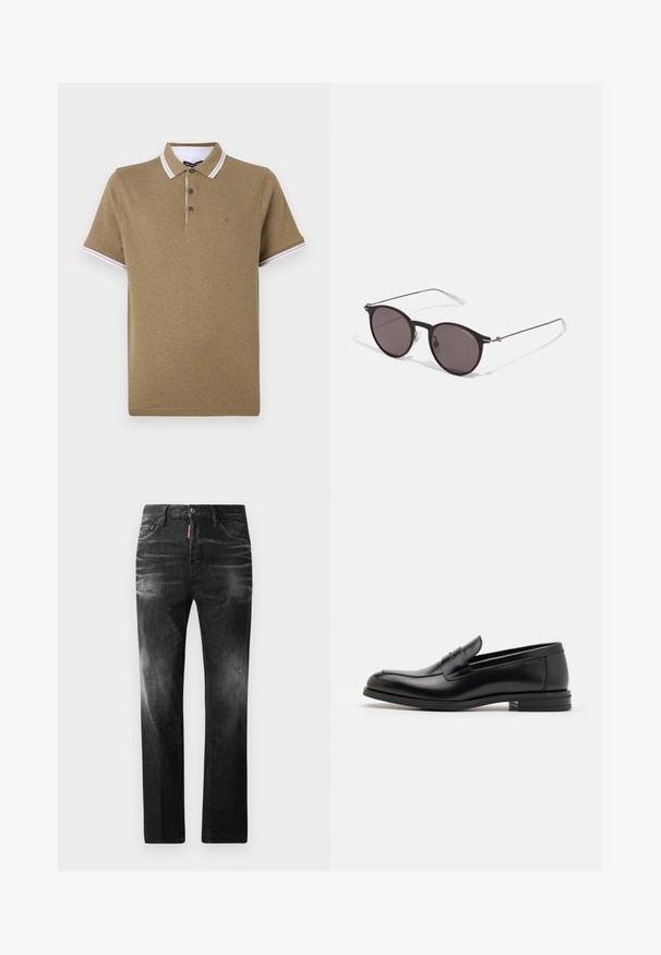 Brūns kokvilnas polo krekls ar baltu svītru apkakli, divu pogu aizdari un mazu logo uz krūtīm. Īsas piedurknes, ikdienišķs dizains.; Melni džinsi no denima ar taisnu piegriezumu. Iespējas ietver izbalējušas vietas, nelielas nodiluma pazīmes, klasisko piecu kabatu dizainu un pogu aizdari.; Melnas ādas kurpes ar gludu tekstūru, noapaļu purngalu un dekoratīvu siksniņu pāri priekšpusei. Zems sakrauts papēdis, minimālisma dizains.; Melni apaļi saulesbrilles ar tumšiem lēca un plānām metāla stangām. Iekļautas caurspīdīgas tempļu galviņas un sudraba akcenti pie eņģes. Minimalistisks dizains.