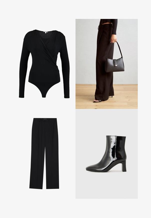 Fekete, hosszú ujjú bodyn, amelybe bele van varrva egy átkötött design, sima textúrával és mély V-nyakkal rendelkezik. Az alja tanga takarású.; Fekete nadrág egyenes szárú kialakítással, két első zsebbel és derékrésszel. Simának és könnyű anyagból készült.; Fekete lakk bőrcipő bokáig érő, hegyes orral és közepes magasságú tömbsarokkal. Simább textúrával és minimalista dizájnnal rendelkezik.; Fekete kézi táska strukturált formával, sima textúrával és fémből készült záródással. Széles fekete nadrággal és nyitott orrú szandállal párosítva, fából készült padlón.