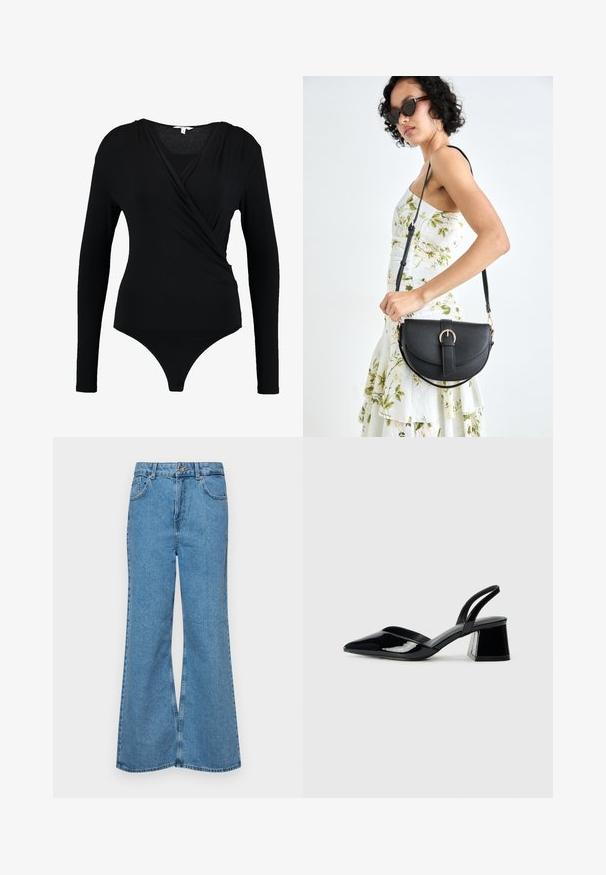 Čierny body s dlhým rukávom a prekrývajúcim dizajnom, so hladkou textúrou a hlbokým výstrihom do V. Spodná časť má tangá pokrytie.; Svetlomodré rozšírené džínsy vyrobené z denimu, s vysokým pásom, piatimi vreckami a jednopoložkovým zapínaním na gombík. Mäkká textúra s vyblednutým povrchom.; Čierne lakované kožené sandálové podpätky s špicatou špičkou a geometrickým blokovým podpätkom. Disponujú elegantným, minimalistickým dizajnom a hladkým povrchom.; Čierna kožená kabelka s zaobleným tvarom, odnímateľným popruhom a zlatými doplnkami. Kabelka má klopu s detailom s prackou.