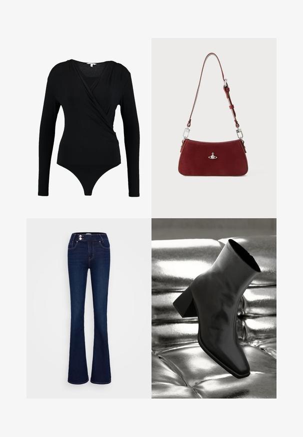 Body negru cu mânecă lungă, cu un design înfășurat, având o textură netedă și un decolteu adânc în V. Partea de jos are o acoperire tip thong.; Jeanși evazați de culoare albastru închis, cu talie înaltă, două buzunare frontale și două închideri cu nasturi. Fabricati din denim cu o textura netedă.; Cizme negre până la gleznă, realizate dintr-un material lucios, cu vârf pătrat și toc conic, plasate pe un fundal strălucitor de argint, cu un model tuftat.; Geantă de umăr din suede roșu, cu o formă curbată. Are un accent de ton argintiu și o curea ajustabilă cu detalii din metal. Textură netedă.