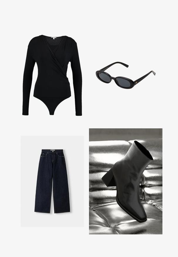 Czarny bodysuit z długim rękawem o fasonie kopertowym, z gładką teksturą i głębokim dekoltem w serek. Dół ma wycięcie typu thong.; Granatowe dżinsy z szerokimi nogawkami i wysokim stanem, pięć kieszeni, kontrastowe szwy i srebrne metalowe akcesoria. Gładka tekstura i czyste wykończenie.; Czarne botki za kostkę wykonane z błyszczącego materiału, z kwadratowym noskiem i zwężającym się obcasem, na tle błyszczącego srebrnego tapicerowanego tła.; Czarne, oversize okulary przeciwsłoneczne z owalnymi soczewkami, gładkim plastikowym mostkiem i złotymi akcentami na zausznikach. Ciemne soczewki zapewniają ochronę przed słońcem.