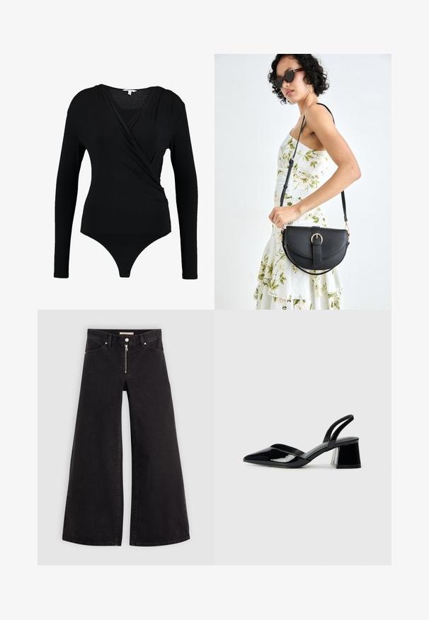 Musta pitkähiha bodysuit, jossa on kääntödesign, sileä pinta ja syvä V-kaula-aukko. Alhaalla on stringimäinen peitto.; Mustat leveälahkeiset farkut, joissa on vetoketjufrunti, viisi-taskuinen muotoilu ja hienovaraiset ompelusyyt. Sileä pinta ja rento tyyli.; Mustat patentoitu nahkakengät, joissa on säären takaosa ja terävä kärki, sekä geometrinen palikkakorko. Sisältää tyylikkään, minimalistisen muotoilun ja sileän pinnan.; Musta nahkainen käsilaukku, joka on kaareva muotoilultaan, irrotettavalla hihnalla ja kultaisilla yksityiskohdilla. Laukussa on läppä, jossa on solk yksityiskohta.