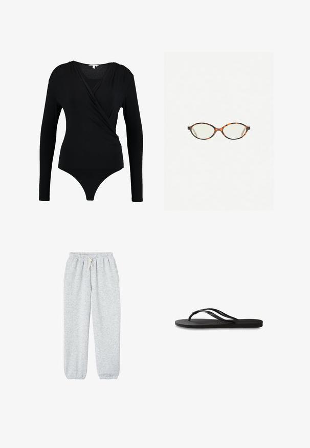 Black long-sleeve bodysuit with a wrapped design, featuring a smooth texture and a deep V-neck. The bottom has thong coverage.; Gray sweatpants made of soft fabric, featuring an elastic waistband with a drawstring, and elastic cuffs at the ankles.; Black flip-flop featuring a textured rubber sole, two slender straps, and a subtle, embossed logo detail on the strap.; Tortoiseshell eyeglasses with oval lenses and a sleek, smooth finish. Features thin sides with a subtle curve at the temples. Clear lenses.