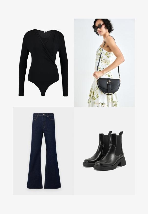 Juodas ilgomis rankovėmis bodis su suvyniojimo designu, pasižymintis sklandžiu tekstūra ir giliu V formos dekolte. Apačia dengia bikini stiliaus.; Tamsiai mėlynos platėjančios džinsinės kelnės su aukštu liemeniu, priekiniu kišenėmis ir auksinėmis siūlėmis. Lygus paviršius su tradiciniu kirpimu.; Juodos odinės Chelsea botai su storiu kulnu, elastinėmis šoninėmis panelėmis ir kontrastinga balta siūle. Tekstūruota apdaila.; Juodas odinis krepšys su išlenkta forma, nuimamu dirželiu ir auksiniais detalėmis. Krepšys turi kilpą su sagtimi.