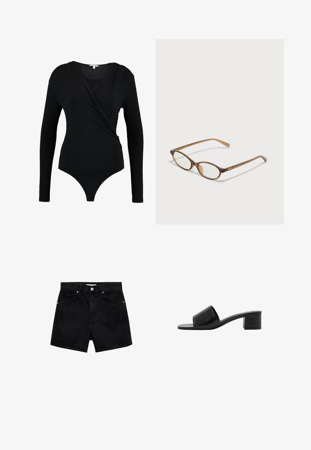 Body nero a maniche lunghe con design avvolgente, caratterizzato da una texture liscia e scollatura a V profonda. La parte inferiore offre copertura a perizoma.; Shorts in denim nero con vita alta, cinque tasche e chiusura con bottone argento. Presentano una texture liscia e una vestibilità sagomata.; Sandal in pelle nera open-toe con una fascia ampia e un tacco a blocco solido. Caratterizzato da una texture liscia e un design minimale.; Occhiali tortoiseshell marroni con lenti ovali, aste sottili e dettagli trasparenti. Presentano un logo sottile sulla tempia. Design elegante e leggero.