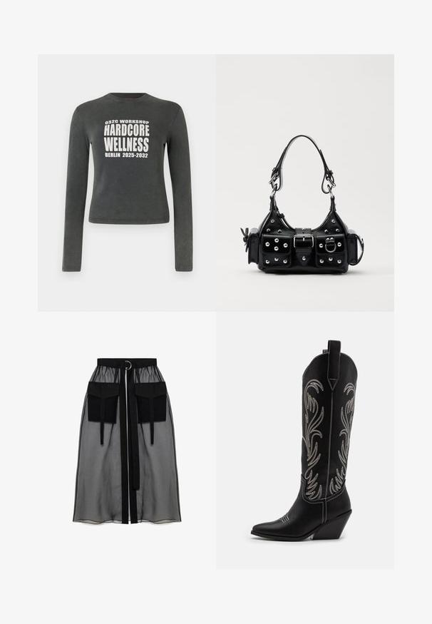 Dark gray long-sleeve shirt with white text "032C Workshop Hardcore Wellness Berlin 2025-2032" centered on the front.; Black sheer skirt with a gathered waistband, featuring two large front pockets, a waist tie, and a circular metal accent.; Black leather cowboy boots with pointed toes, wedge heels, and silver embroidered floral patterns along the shaft. Contrast stitching throughout.; Black leather handbag with a curved design, featuring silver studs, a buckle, and two side pockets. Adjustable strap for carrying options.