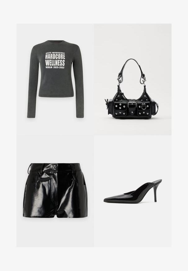 Ciemnoszara koszulka z długim rękawem z białym napisem "032C Workshop Hardcore Wellness Berlin 2025-2032" umieszczonym na środku przodu.; Czarne, błyszczące spodenki wykonane z materiału syntetycznego. Posiadają dopasowaną talię, szlufki na pasek oraz przednie kieszenie z wyraźnymi detalami stębnowania.; Czarne lakierowane mule na wysokim obcasie z wąskim noskiem i elegancką sylwetką, charakteryzujące się otwartym tyłem i smukłym szpilką.; Czarna skórzana torebka w zakrzywionym kształcie, z srebrnymi ćwiekami, klamrą i dwoma bocznymi kieszeniami. Regulowany pasek umożliwiający różne opcje noszenia.