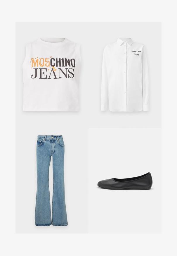 Bela brezrokavna bombažna majica s kratkimi rokavi, ki prikazuje napis "MO5CH1NO JEANS" v črni in oranžni barvi, z rahlo teksturirano konča.; Bela srajca z dolgimi rokavi, gumbasta, s ovratnikom in črnim vezenim napisom "Moschino Jeans" na zgornjem levem delu prsnega koša.; Svetlo modri razširjeni jeans iz džinsa, z visokim pasom, sprednjimi žepi in raztrganimi robovi za sproščen fit.; Črne usnjene balerinke z zaobljenim nosom, gladko teksturo, minimalnimi šivi in fleksibilno zasnovo podplata.