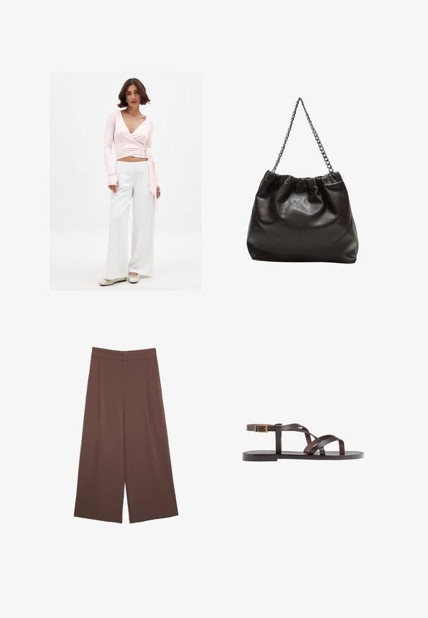 Helles rosa Langarm-Wrap-Top mit V-Ausschnitt und Bindedetail, kombiniert mit locker sitzenden weißen weiten Hosen und hellen Schuhen.; Braune Weite-Leg-Hosen mit einer glatten Textur, hoher Taille und Vorderfalten. Der Stoff ist leicht und fällt locker.; Braune Leder-Sandale mit überkreuzten Riemen, einem Knöchelriemen mit Schnalle und einer flachen Sohle mit minimalen Nähdetails.; Braune Lederhandtasche mit gerafftem Oberteil und Kettenriemen. Glatte Textur mit glänzendem Finish und subtilen Nahtdetails an den Seiten.