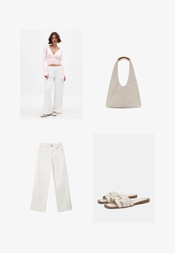 Vaaleanpunainen pitkähiha topi, jossa on V-pääntie ja nauhakiinnitys, yhdistettynä löysiin valkoisiin leveälahkeisiin housuihin ja vaaleisiin kenkiin.; Valkoiset leveälahkeiset farkut, joissa on korkea vyötärö, viisi taskua ja metallinen napp closure. Nämä farkut ovat sileäpintaiset ilman kuvioita.; Vaaleanbeige liukusandaalit, joissa on kudotut hihnat, varustettu littealla pohjalla ja minimalistisella muotoilulla. Sujuva pinta, jossa on hillitty värikontrastin yksityiskohta.; Vaalea harmaa nahkalaukku, jossa on U-muotoinen muotoilu ja kaareva metallikahva. Suora pinta, jossa on minimaalinen ompelu ja ei näkyviä kuvioita.