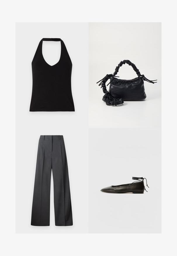 Melna halter top ar dziļu V-veida izgriezumu, izgatavots no gludas auduma. Pieguļošs griezums ar tīru apakšmalu un atklātām plecu daļām.; Platās kājas bikses tumši pelēkā audumā, ar augstu jostasvietu, ar vienu uzpūstu vīli un gludu tekstūru ar tīru apdari ap malām.; Melnas ādas baleta kurpes ar smailu purngalu, potītes saitēm un plakanu zoli, kas izceļas ar gludu tekstūru un minimālistisku dizainu.; Melnā mākslīgās ādas rokassoma ar krokodila rakstu, savilkta augšdaļa un saburzīta siksna. Izskatās mīksta un kompakta pēc dizaina.