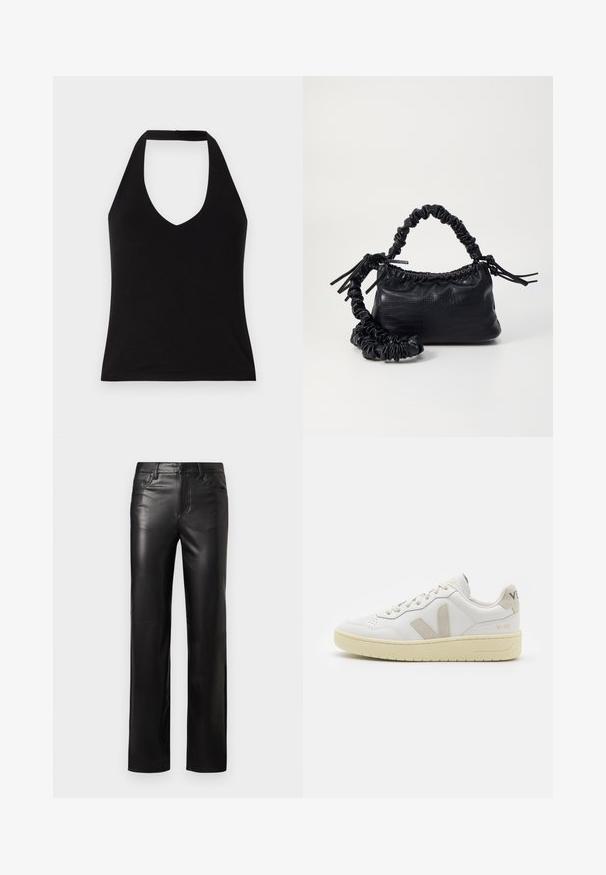 Haut à col halter noir avec un décolleté en V profond, fabriqué en tissu lisse. Forme ajustée avec un ourlet net et épaules dénudées.; Pantalons en cuir noir à coupe droite, avec une fermeture à bouton et des poches avant. Texture lisse avec des détails de couture subtils.; Baskets blanches en cuir avec des accents en daim beige, boîte à orteils perforée, lacets plats et semelle texturée crème. Présente un logo discret au talon.; Sac à main en simili cuir noir avec une texture crocodile, un dessus resserré et une sangle froncée. A l'apparence douce et compacte.