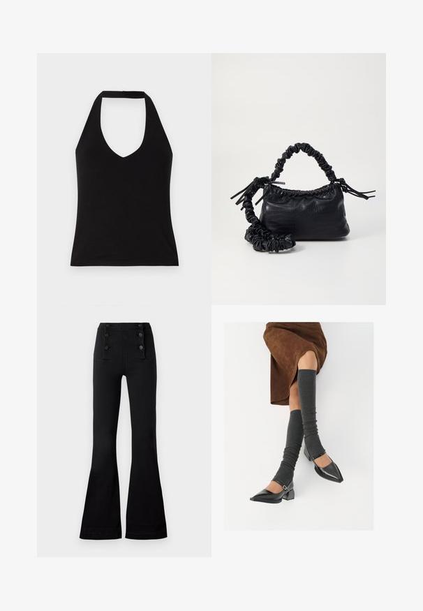 Top a halter nero con scollatura a V profonda, realizzato in tessuto morbido. Forma aderente con orlo pulito e spalle scoperte.; Pantaloni neri a palazzo in denim con vita alta, caratterizzati da quattro bottoni decorativi sul davanti e una texture liscia.; Scarpe nere in pelle verniciata con punta affilata, tacco a blocco e cinturino alla caviglia, abbinate a scaldamuscoli grigi a coste e una gonna in suede marrone.; Borsa a tracolla in ecopelle nera con texture a coccodrillo, apertura cinchata e tracolla arricciata. Si presenta con un design morbido e compatto.
