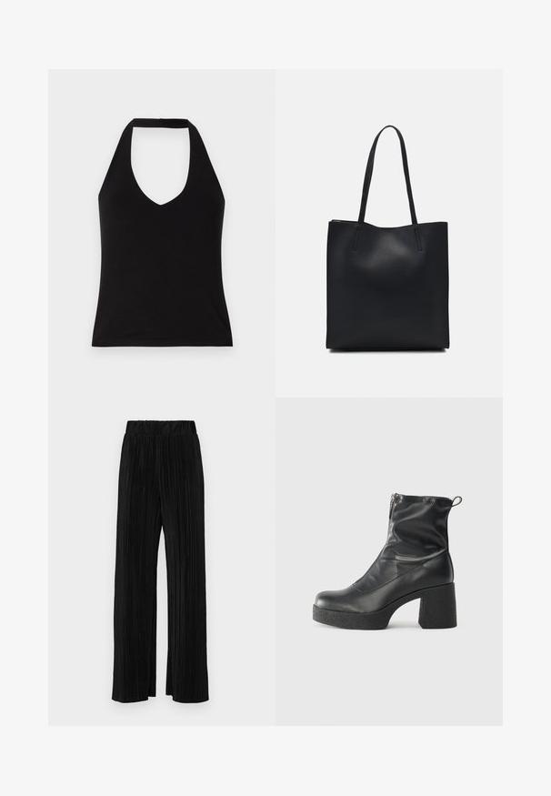 Čierny halterneck top s hlbokým V-členením, vyrobený z hladkej látky. Priliehavý strih s čistým lemom a odhalenými ramenami.; Čierne plisované nohavice s elastickým pásom. Majú široké nohavice a hladkú, textúrovanú látku s vertikálnymi pruhmi.; Čierne členkové topánky z hladkej kože, so bočným zipsom, robustnou textúrovanou pätnou časťou a zaobleným dizajnom špičky.; Čierna kožená taška na rameno s hladkým povrchom, obdĺžnikovým tvarom a dvoma dlhými uchami. Bez viditeľného kovania alebo ozdôb.