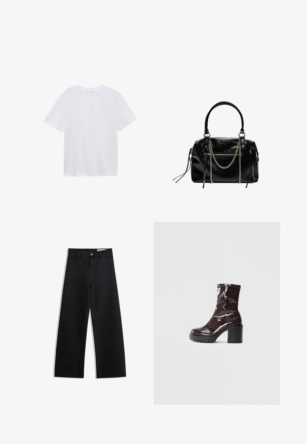 White cotton t-shirt with short sleeves and a round neckline. Simple design with no patterns or accents, smooth texture.; Black wide-leg denim pants with a high waist, featuring front and back pockets, stitched seams, and a button closure. Smooth texture.; Glossy burgundy ankle boot with a chunky black heel, featuring a smooth texture and simple design. No visible fastenings or patterns.; Bershka WITH CHAIN - Handbag - black