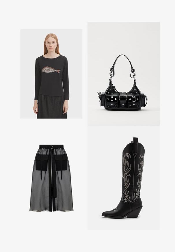 Black long-sleeve shirt featuring a fish graphic in muted colors. Soft fabric, round neckline, and a relaxed fit design.; Black sheer skirt with a gathered waistband, featuring two large front pockets, a waist tie, and a circular metal accent.; Black leather cowboy boots with pointed toes, wedge heels, and silver embroidered floral patterns along the shaft. Contrast stitching throughout.; Black leather handbag with a curved design, featuring silver studs, a buckle, and two side pockets. Adjustable strap for carrying options.