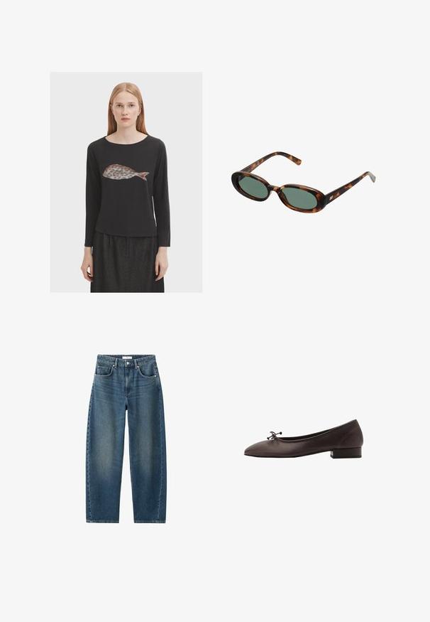 Čierna košeľa s dlhým rukávom s grafikou ryby v tlmených farbách. Mäkká tkanina, okrúhly výstrih a uvoľnený strih.; Tmavomodré denimové džínsy so rovnými nohavicami, dizajnom s piatimi vreckami a klasickým gombíkovým zapínaním. Mäkka textúra s jemným vyblednutím.; Hnedé kožené baletky s zaoblenou špičkou a malým blokovým podpätkom. Obsahujú tenkú mašľu vpredu a jemné švy.; Slnečné okuliare v štýle korytnačiny s oválnymi rámami a zelenými sklami. Majú tenké nožičky s kovovým akcentom pri pántoch.; Tkaná žltá kabelka s oblúkovou hornou rukoväťou a neštruktúrovaným tvarom. Textúrovaný povrch obsahuje krížový vzor.
