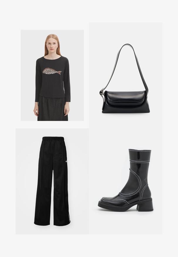 Zwarte langemouwen shirt met een visgrafiek in gedempte kleuren. Zachte stof, ronde halslijn en een ontspannen pasvorm.; Zwarte wijde trainingsbroek met een elastische tailleband, voorzien van witte zijkanten en een klein logo op de linker heup. Stevige stoftextuur.; Zwarte lakleren enkellaars met witte stiksels, ronde neus en blokhak. Kenmerkt zich door gebogen ontwerplijnen en een gladde textuur.; Zwarte leren handtas met een gestructureerde vorm, een gladde textuur en een enkele schouderband. Heeft een subtiele, afgeronde klepontwerp.