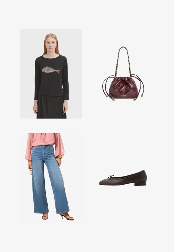 Maglietta nera a maniche lunghe con una grafica di pesce in colori tenui. Tessuto morbido, scollatura rotonda e design dal taglio rilassato.; Jeans a vita alta azzurri, larghi, con una finitura in denim classica. Abbinati a una blusa rosa con volant e sandali neri con tacco.; Ballerina in pelle marrone con punta arrotondata e tacco a blocco piccolo. Presenta un sottile fiocco sul davanti e dettagli di cucitura discreti.; Borsa in pelle bordeaux con cordino, manico a catena, cima arricciata, accenti metallici e dettaglio del logo alla base. Texture liscia e lucida.