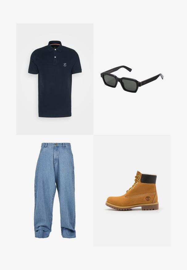 Donkerblauwe polo shirt van katoen met een twee-knopen sluiting, korte mouwen en een logo op de linkerborst. Glad textuur, klassieke pasvorm.; Lichtblauwe denim broek met een losse fit, knoopsluiting, voorzakken en een opgekrulde zoom, met een klassieke vijf-zakken ontwerp.; Bruine leren enkellaars met metalen oogjes, witte faux bont voering, zwarte gewatteerde kraag, robuuste zool en een reliëflogo aan de zijkant.; Zwarte, vierkantvormige zonnebril met grijzige lenzen. Dikke plastic montuur met gouden accenten en branding op de poot. Soepele textuur.