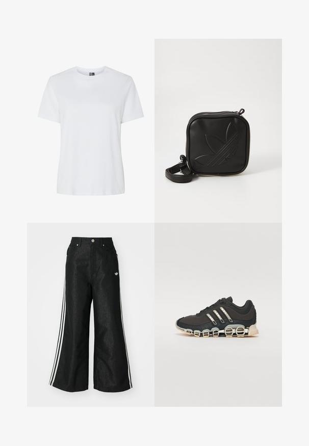 Vit bomullströja med korta ärmar och rund halsringning. Slät textur, avslappnad passform och inga synliga mönster eller detaljer.; Svarta vida denimbyxor med tre vita ränder på varje sida och en liten vit logotyp. Har framfickor och knäppning med knapp.; Svart sportskor med en texturerad överdel, tre silverränder och en distinkt stötdämpande sula med flera integrerade sektioner.; Svart fyrkantig crossbody-väska i texturerat syntetmaterial. Har en präglad logodesign och justerbar rem. Dragkedjestängning.
