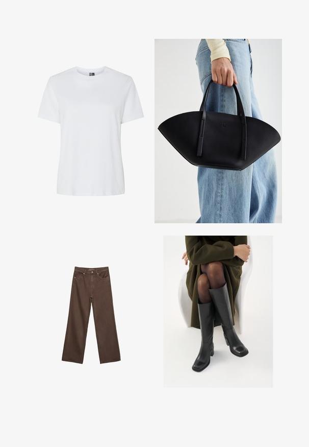 Biela bavlnená tričko s krátkymi rukávmi a klasickým výstrihom. Hladká textúra, voľný strih a žiadne viditeľné vzory alebo akcenty.; Džínsy s širokými nohavicami v hnedej farbe, vyrobené z denimu, so zvýšeným pásom, prednými vreckami a klasickým zapínaním na gombík. Hladká textúra s jemným prešívaním.; Čierne kožené čižmy po kolená so štvrtým prstom a blokovým opätkom, zobrazené s modelom sediacim v olivovo zelenej bunde. Hladká textúra, minimálne detaily.; Čierna kožená kabelka s jedinečným tvarom ventilátora, so plochými držadlami. Povrch má štruktúru s brúseným efektom a minimalistic design.