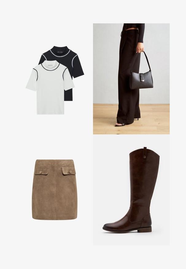 Divi īsām piedurknēm turtlenekti viens virs otra, viens balts ar melnu apdari un viens melns ar baltu apdari, izgatavoti no mīksta kokvilnas maisījuma.; Brūns zamšs mini svārki ar gludu tekstūru, ieguvuši divas priekšējās kabatas ar vāciņiem un pogu aizdare katrā pusē. Vienkāršs, taisns dizains.; Brūni līdz ceļiem zābaki, kas izgatavoti no gludas ādas, ar noapaļotu purngalu, zemu sakrautu papēdi un smalku šuvju rakstu gar sāniem.; Melnā somiņa ar strukturētu formu, gludu tekstūru un metālu sprādzi. Saskaņota ar platām melnām biksēm un sandālēm ar atvērtu purngalu uz koka grīdas.