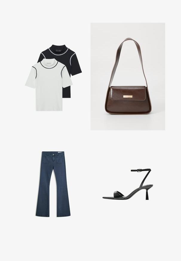 Dva kratka turtlenecka, ena bela z črnim obrobo in ena črna z belo obrobo, izdelana iz mehkega bombažnega materiala.; Temno modri široki kavbojke iz denima s prišitimi žepi, gumbom za zapiranje in gladko teksturo. Imajo klasičen dizajn s petimi žepi.; Bershka Sandali z visoko peto - black; Rjava usnjena torba za ramo z urejeno obliko, ki ima magnetno zapiranje na pokrovu in kovinski logotip na sprednji strani.