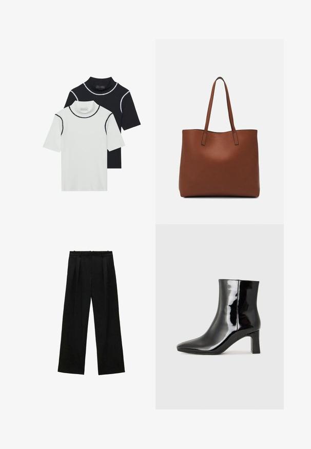 Due magliette a maniche corte con colletto a imbuto impilate, una bianca con bordi neri e una nera con bordi bianchi, realizzate in morbido materiale misto cotone.; Pantaloni neri a gamba larga con pieghe, caratterizzati da una texture liscia e un design a vita alta. Stile minimalista, senza hardware o decorazioni visibili.; Stivaletto in pelle verniciata nera con punta a punta e tacco a blocco di altezza media. Texture liscia e design minimalista.; Borsa tote in pelle marrone con texture liscia, design con apertura superiore e due spallacci. Presenta cuciture minime e nessun hardware visibile.