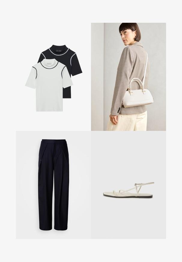 Dve krátke rukávy s rolákom, jedna biela s čiernym lemovaním a jedna čierna s bielym lemovaním, vyrobené z mäkkej zmesi bavlny.; Námornícke široké nohavice s hladkou textúrou, plisovaným predným dielom a elastickým pásom. Obsahujú diskrétnu bočnú kapsu a minimálne značenie.; Béžové ploché sandále s viacerými štíhlymi popruhmi a nastaviteľnou prackou. Podrážka je plochá s jemným tmavým kontrastom na okraji.; Biela štruktúrovaná kabelka s krátkymi rúčkami a ramenným popruhom, s zlatými kovovými prvkami a textúrovaným materiálom, vystavená na šedom pozadí.
